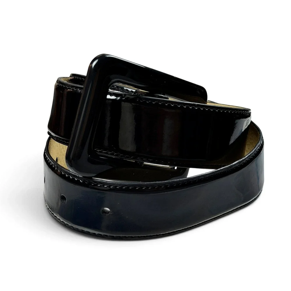 Y2K Glossy Black Wide Buckle Belt Chunky Wide Rectangle Sleek Retro Grunge